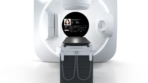 Front view of Elekta Harmony with patient data on the screen