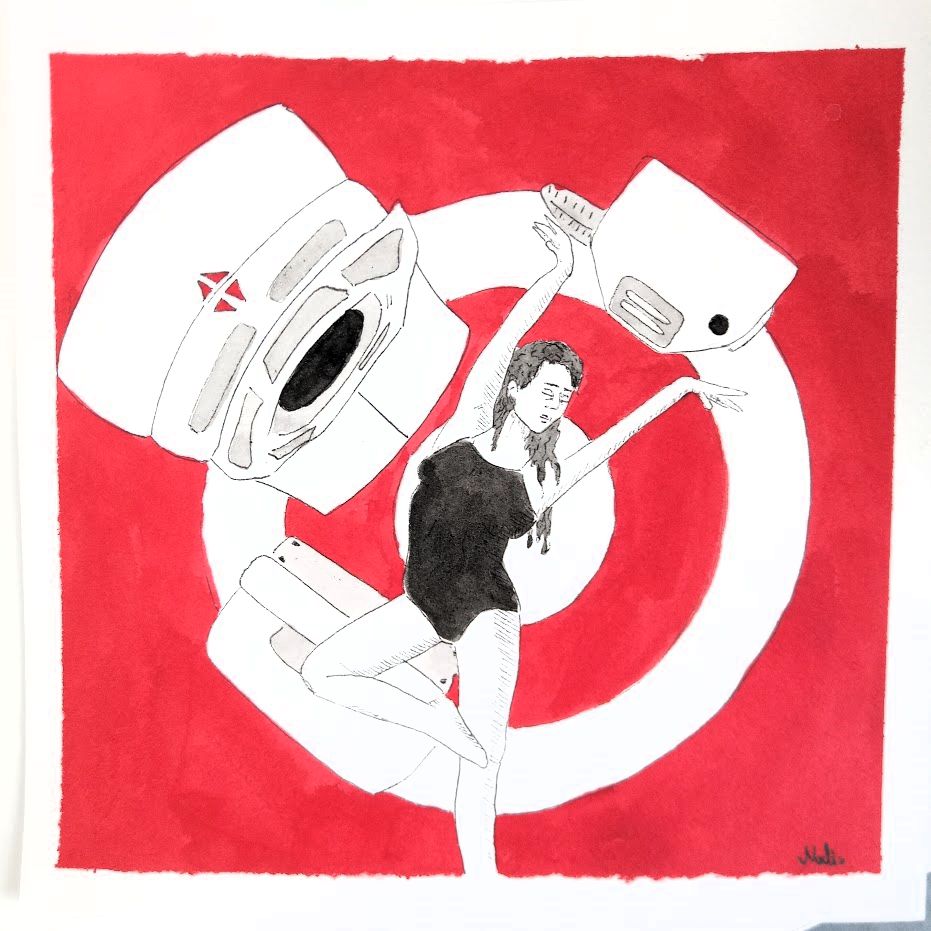 Painting of a Dancer Posing in Front of a Elekta Unity Mr Linac, titled "Position"