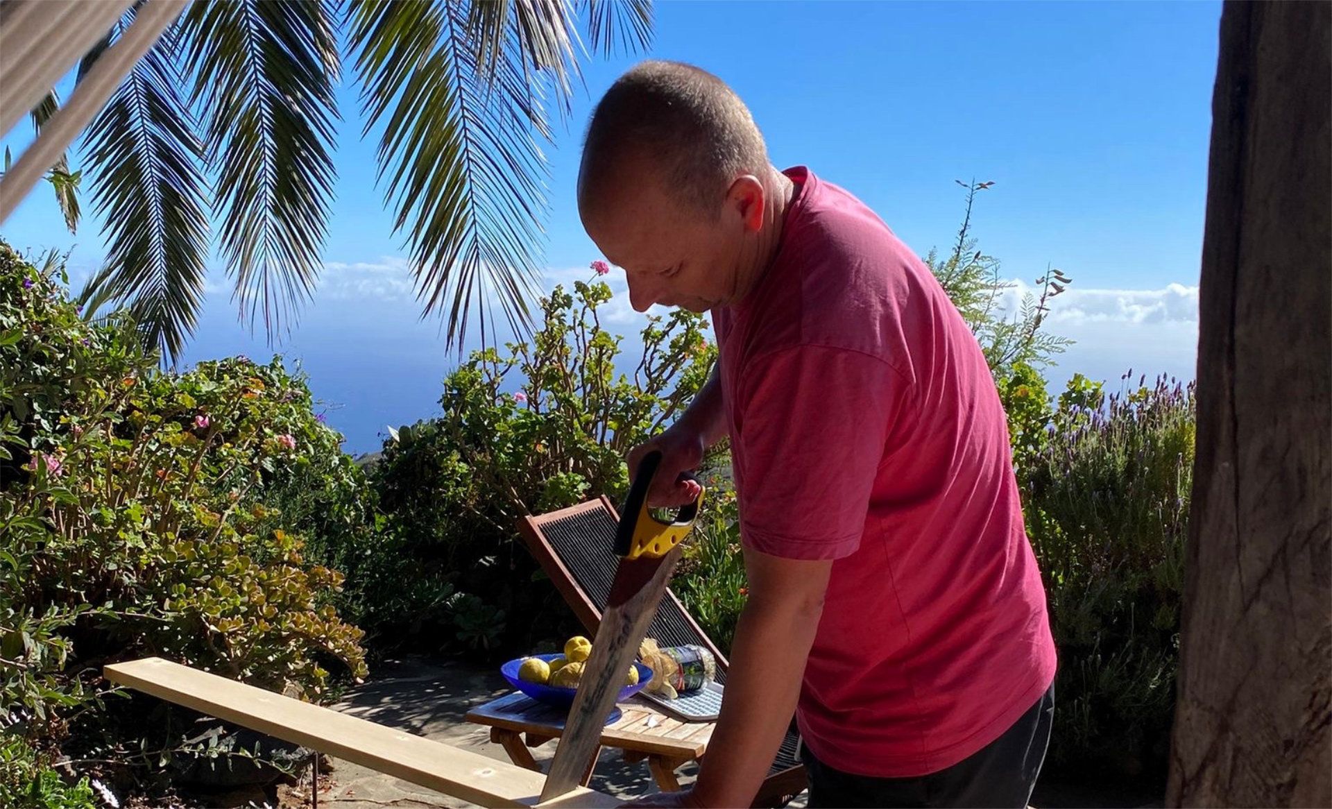 Tomas Sawing Wood Outdoors