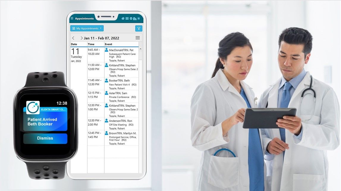 Smart Clinic display being shown on a tablet and smart watch
